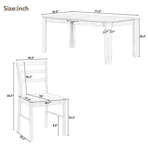 7-Piece Wooden Dining Table Set Mutifunctional Extendable Table with 12" Leaf and 2 Drawers, 6 Dining Chairs with Soft Cushion (Natural Wood Wash)