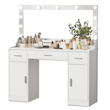 47.2\\"Vanity Desk with Large Mirror, 3 Colour Lighting Modes, Adjustable Brightness, Dresser with 3 Drawers & 2 Vertical Cabinets, Makeup Vanity Table for Women & Girls (White) 