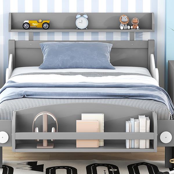 Twin Size Car-Shaped Platform Bed,Twin Bed with Storage Shelf for Bedroom,Gray