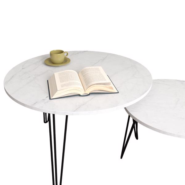 27.56'' Round Nesting Coffee Table Set of 2, Circular Nesting End Table Set, Round Marble Tabletop, and Sturdy Metal Base for Living Room, bedroom, White 