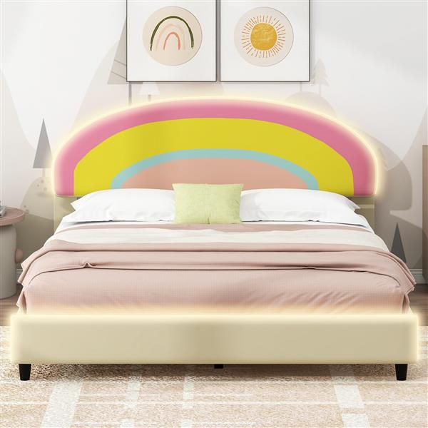 Full Size Upholstered Platform Bed with Rainbow Shaped and Height-adjustbale Headboard,LED Light Strips,Beige