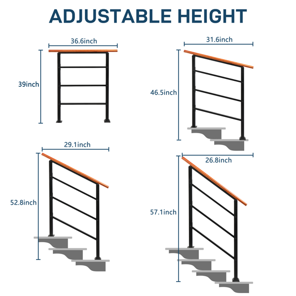 Handrails for Outdoor Steps, Wrought Iron Solid Wood Hand Railing for Concrete Steps, Porch Steps, Wooden Steps, Fits 1 to 3 Steps