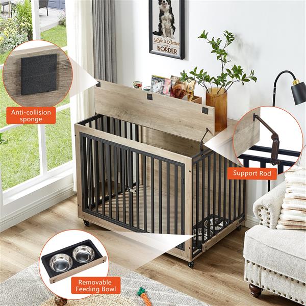 Furniture Style Dog Crate Side Table With Feeding Bowl, Wheels, Three Doors, Flip-Up Top Opening. Indoor, Grey, 43.7"W x 30"D x 33.7"H