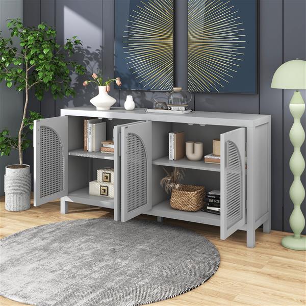 Large Storage Space Sideboard with Artificial Rattan Door and Metal Handles for Living Room and Entryway (Gray)