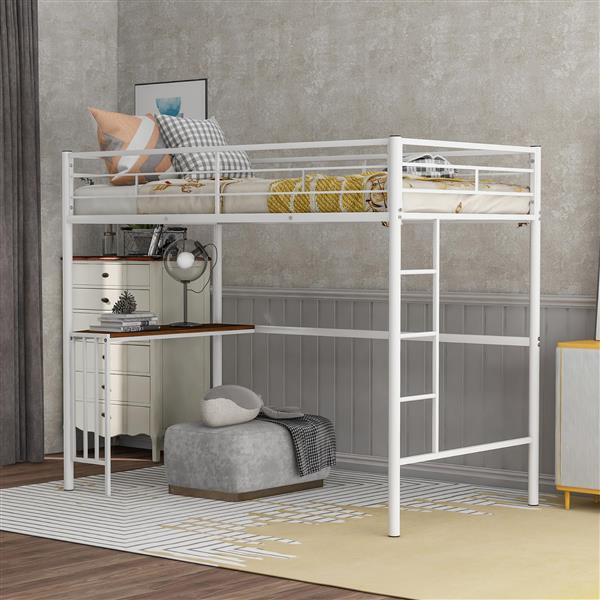 Twin Metal Loft Bed with Desk, Ladder and Guardrails, Loft Bed for Bedroom, White