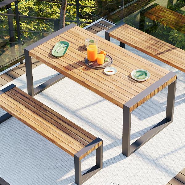 3-pieces Outdoor Dining Table With 2 Benches, Patio Dining Set With Unique Top Texture, Acacia Wood Top & Steel Frame, All Weather Use, For Outdoor & Indoor, Natural