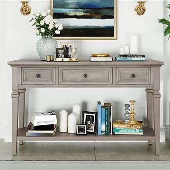 Classic Retro Style Console Table with Three Top Drawers and Open Style Bottom Shelf, Easy Assembly (Gray Wash)