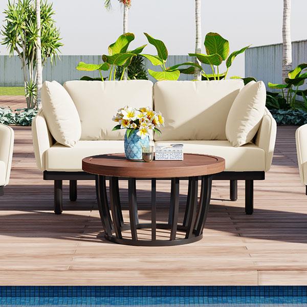 Luxury Modern 4-Piece Outdoor Iron Frame Conversation Set, Patio Chat Set with Acacia Wood Round Coffee Table for Backyard, Deck, Poolside, Indoor Use, Loveseat+Arm Chairs, Beige