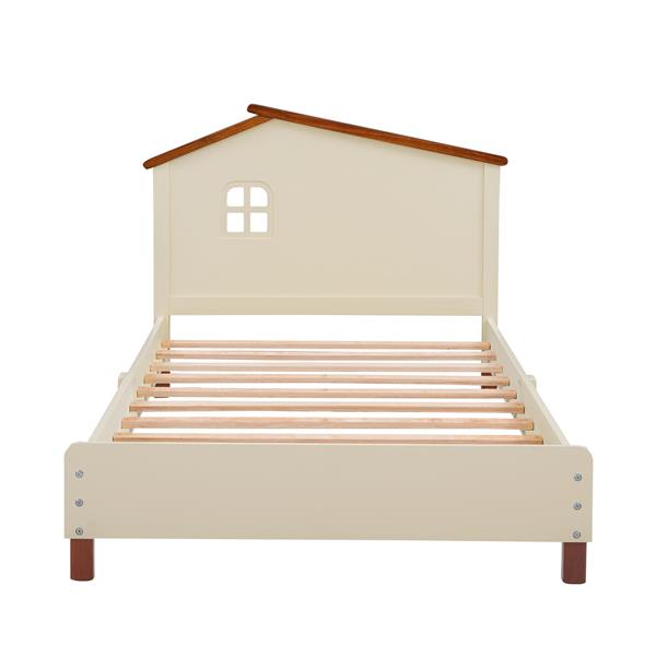 Twin Size Wood Platform Bed with House-shaped Headboard  (Cream+Walnut)