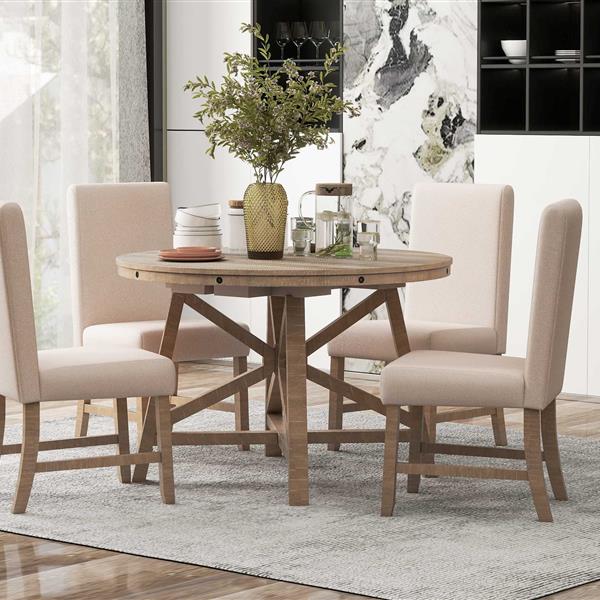 5-Piece Retro Functional Dining Set with Extendable Round Table with Removable Middle Leaf and 4 Upholstered Chairs for Dining Room and Living Room (Natural Wood Wash)