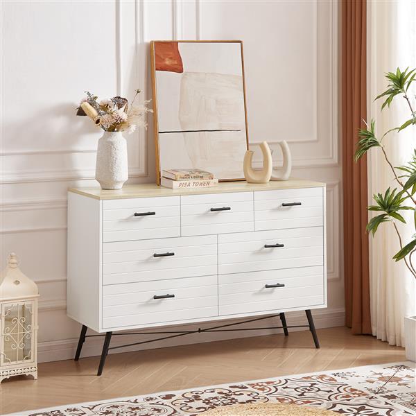 7 Drawer Dresser for Bedroom with Deep Drawers, Wood Dressers & Chest of Drawers, Modern White Long Dressers for Closet Living Room, 47.2"W x 15.7"D x 31.5"H, White & oak