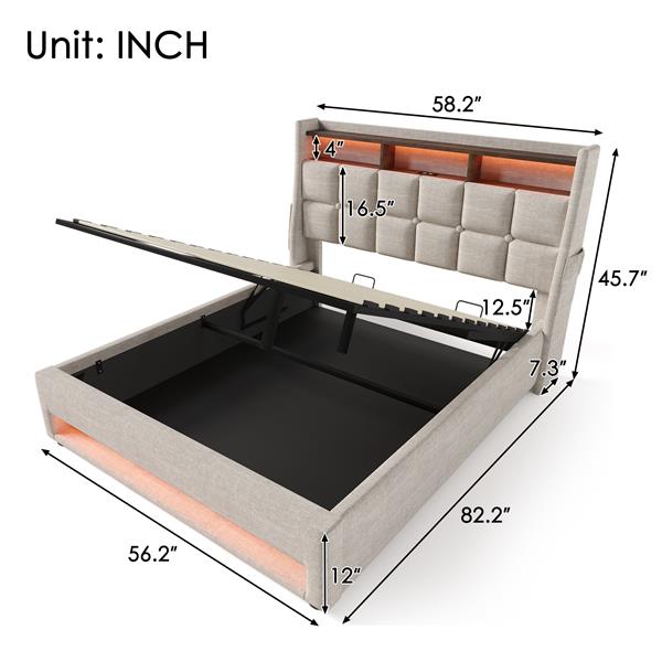 Full size Upholstered Platform bed with a Hydraulic Storage System, LED and USB Charging, Natural (without mattress)