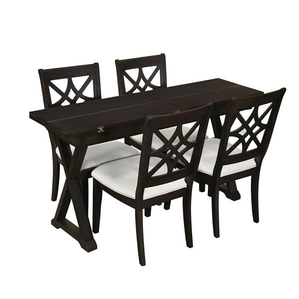 5-Piece 62*35.2inch Extendable Rubber Wood Dining Table Set with X-shape Legs,Console Table with Two 8.8Inch-Wide Flip Lids and Upholstered Dining Chairs ,Dark Walnut