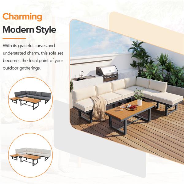 3-Piece Modern Multi-Functional Outdoor Sectional Sofa Set with Height-adjustable Seating and Coffee Table for Patio, Garden and Backyard (Beige)