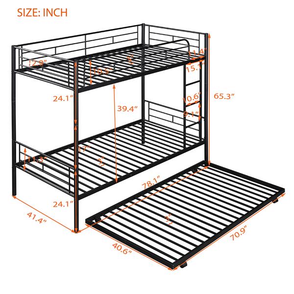 Twin-Over-Twin Metal Bunk Bed With Trundle,Can be Divided into two beds,No Box Spring needed ,Black