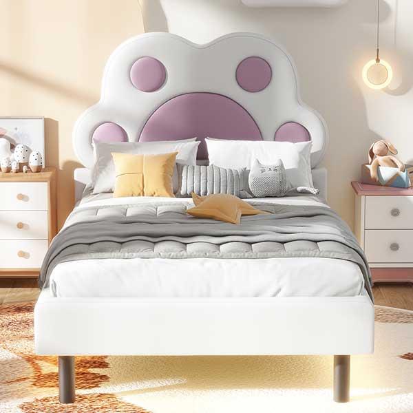 Twin Size Upholstered Platform Bed with Animal Paw Shaped Headboard and LED, Pink