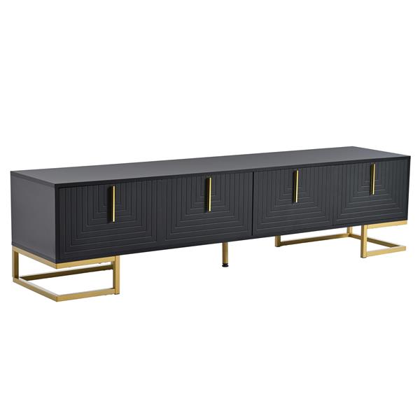 Modern TV Stand with Metal Legs and Gold Handles for TVs Up to 80'', Media Console Table with Cabinets and Adjustable Shelves, Luxury TV Cabinet with Geometric Lines for Living Room, Black