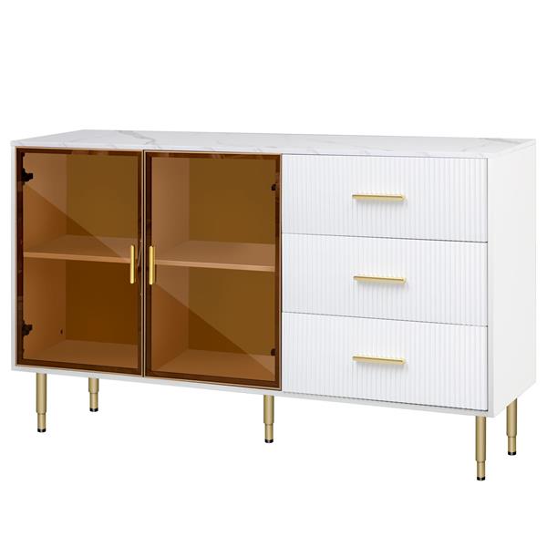 Modern Sideboard MDF Buffet Cabinet Marble Sticker Tabletop and Amber-yellow Tempered Glass Doors with Gold Metal Legs & Handles (White)