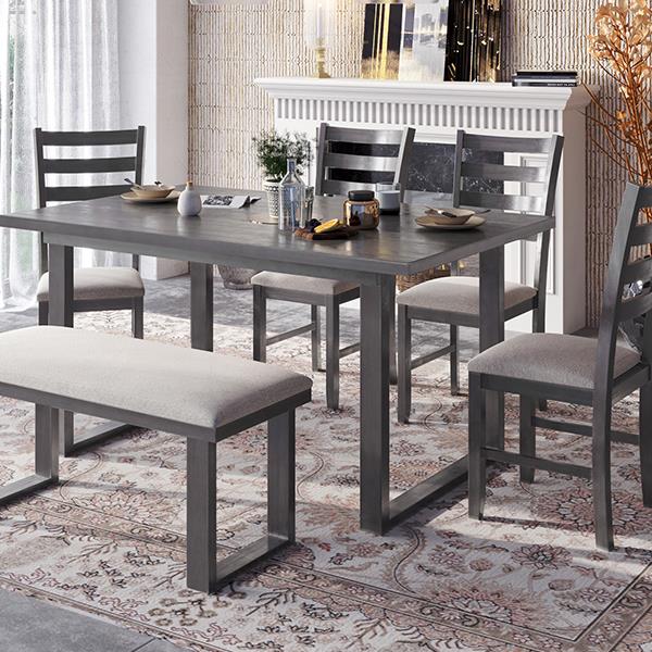 6-Pieces Family Furniture, Solid Wood Dining Room Set with Rectangular Table & 4 Chairs with Bench(Gray)