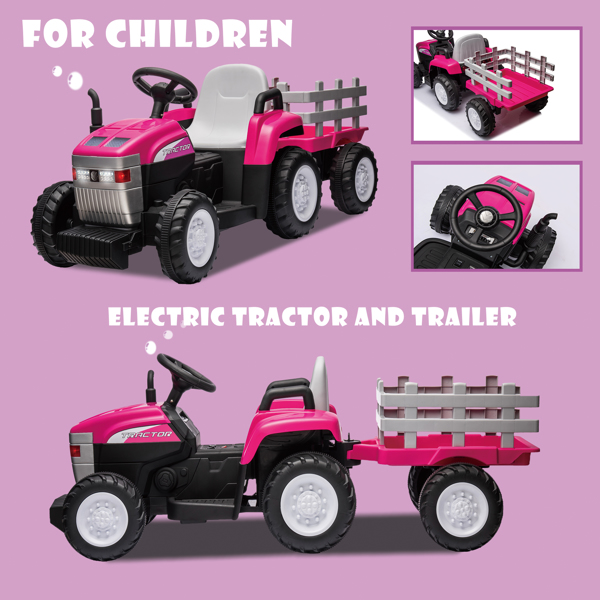 Pink, 12V7AH Battery-Powered Toy Tractor with Trailer, Remote Control, Kids' Electric Excavator Vehicles with 2x35W Dual Motor, Treaded Tires, LED Lights, USB, Music, Safety Belt - Gift Childrens DAY