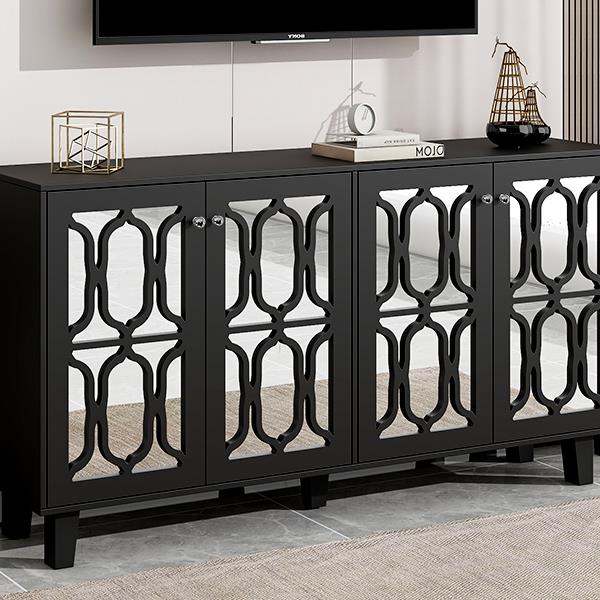 Buffet Cabinet with Adjustable Shelves, 4-Door Mirror Hollow-Carved TV stand for TVs Up to 70'', Multi-functional Console Table with Storage Credenza Cabinet for Living Room, Black