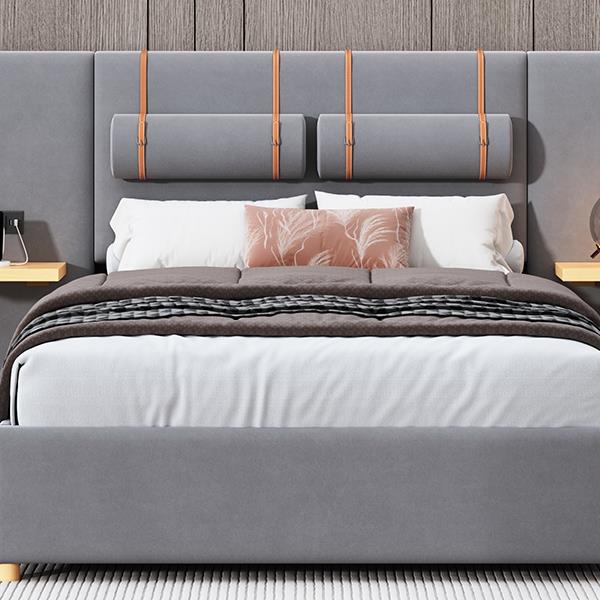 Full size upholstered platform bed with two outlets and USB charging ports on both sides, two bedside pillows, storage shelf, Gray