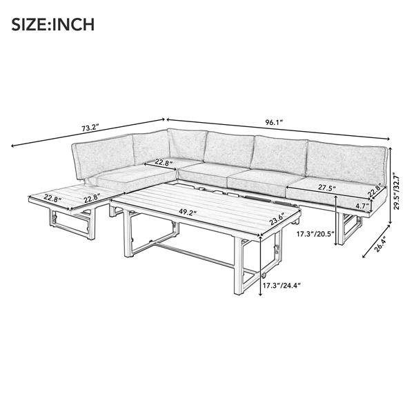 3-Piece Modern Multi-Functional Outdoor Sectional Sofa Set with Height-adjustable Seating and Coffee Table for Patio, Garden and Backyard (Beige)