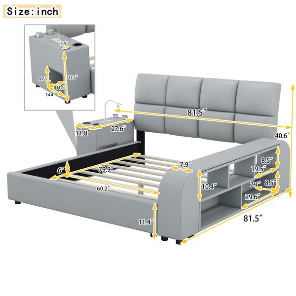 Queen Size Upholstered Platform Bed with Multimedia Nightstand and Storage Shelves, Gray