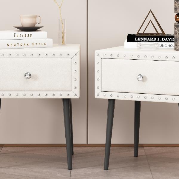 Modern Nightstands Set of 2 with Drawer and Crystal Handle, Elegant Rivet Velvet Design Bedside Table for Bedroom, Beige