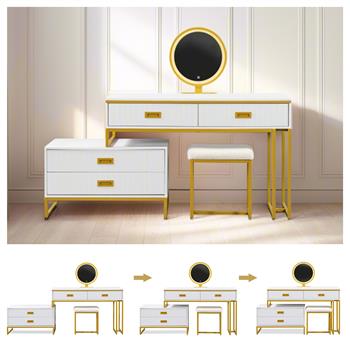 Modern Style Vanity Table With Movable Side Cabinet And 4-Drawers, Large Size Dressing Table With Mirror and 3-colors LED Light, Makeup Table With Stool, White, Golden Legs