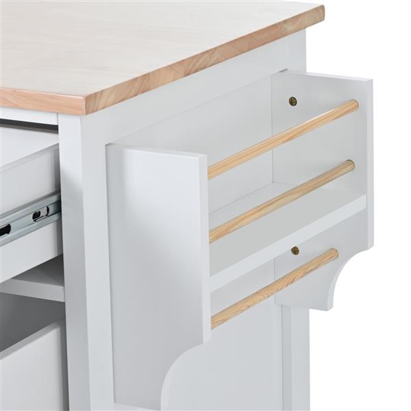 Kitchen Cart with Rubber Wood Countertop , Kitchen Island has 8 Handle-Free Drawers Including a Flatware Organizer and 5 Wheels for Kitchen Dinning Room, White