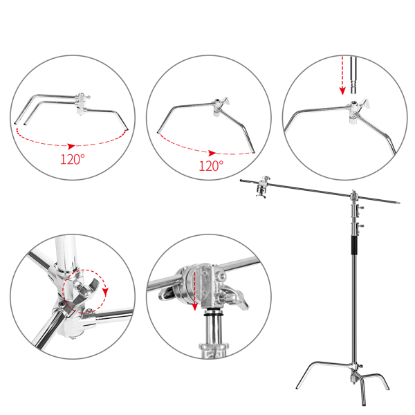 3m Verstellbarer C-Stand Lampentständer mit 1,2m Verlängerungsarm Tragetasche für Fotostudio, Silber