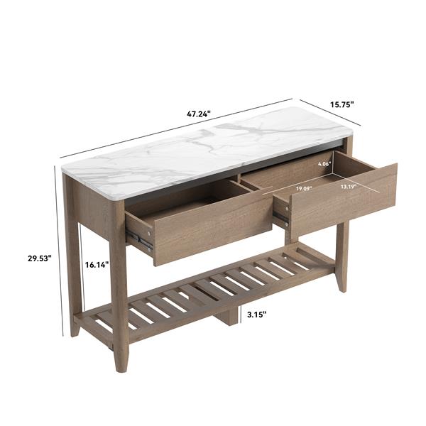 47 Inch Modern Farmhouse Double Drawers Console Table for Living Room or Entryway, Tobacco Wood and White Marble Texture