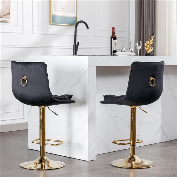 Set of 2 Bar Stools,with Chrome Footrest and Base Swivel Height Adjustable Mechanical Lifting Velvet + Golden Leg Simple Bar Stoo,black