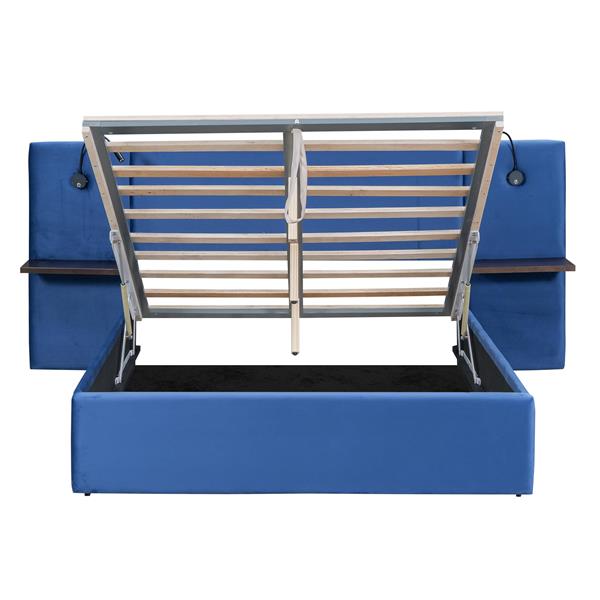 Full Size Storage Upholstered Hydraulic Platform Bed with 2 Shelves, 2 Lights and USB, Blue