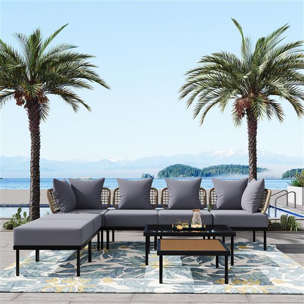 8-Piece Patio Sectional Sofa Set with Tempered Glass Coffee Table and Wooden Coffee Table for Outdoor Oasis, Garden, Patio and Poolside (Light Grey Cushion + Black Steel)