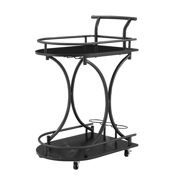 Black 2-Tier Bar Cart, Slide Bar Serving Cart, Retro Style Wine Cart for Kitchen, Beverage Cart with Wine Rack and Glass Holder, Rolling Drink Trolley for Living Room, Dining Room