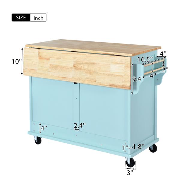 Kitchen Cart with Rubber wood Drop-Leaf Countertop, Concealed sliding barn door adjustable height,Kitchen Island on 4 Wheels with Storage Cabinet and 2 Drawers,L52.2xW30.5xH36.6 inch, Mint Green