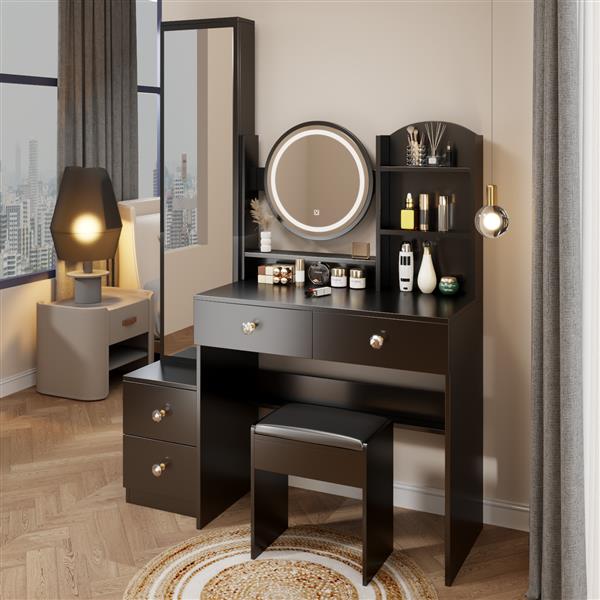 Full Body Mirror Cabinet + Round Mirror LED Vanity Table + Cushioned Stool, 17" diameter LED Mirror, Touch Control, 3-color, Brightness adjustable, Large desktop, Multi-layer High Capacity Storage