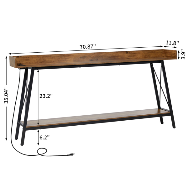 70.9 inch Extra Long Console Table with 2 Power Outlets & USB Ports, Rustic Industrial Sofa Table Behind Couch for Living Room, Narrow Entryway Hallway Long Bar Table, Brown