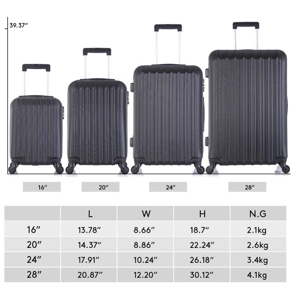 4 Piece Set Luggage Sets Suitcase ABS Hardshell Lightweight Spinner Wheels Black