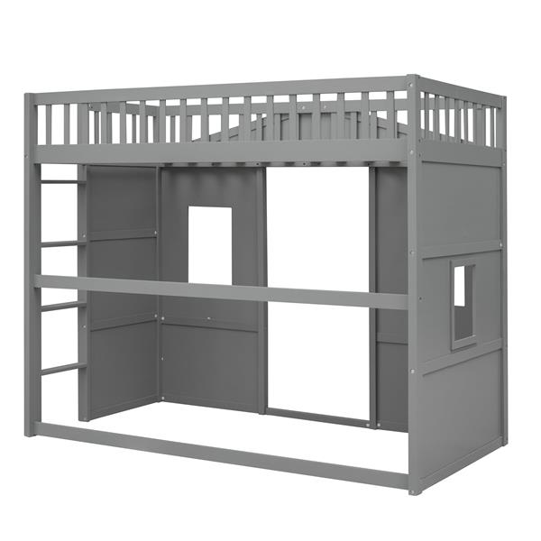 Twin Size House Loft Bed With Ladder-Gray