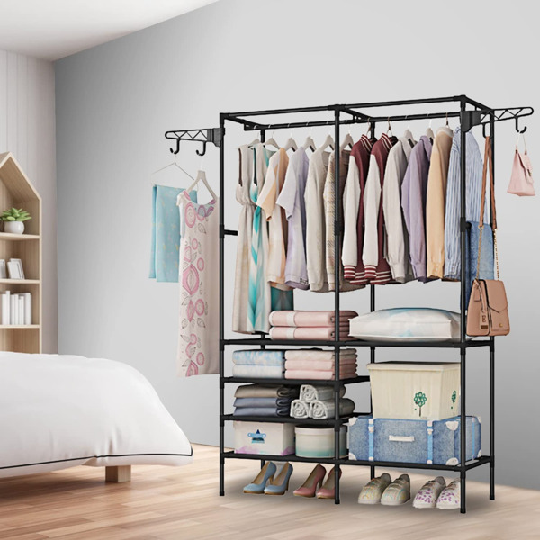 Clothing Rack Clothes Rack, 66'' Multifunctional Garment Rack for Hanging Clothes, 4 Tiers Portable Closet Rack with 4 Hooks & 2 Hanging Rods, Coated Metal Freestanding Closet Wardrobe System