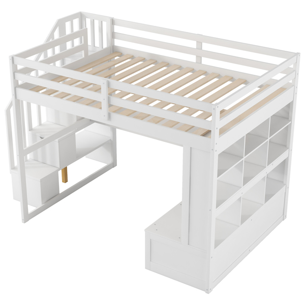 Full Size Loft Bed with Desk and Shelves, Two Built-in Drawers, Storage Staircase, White 