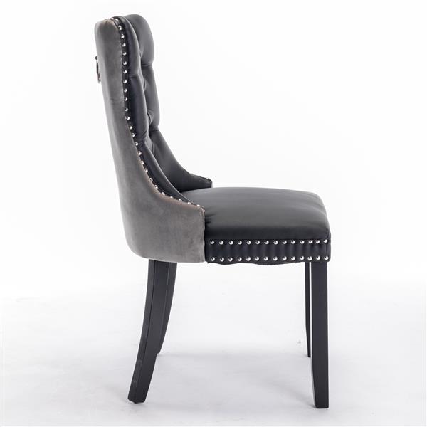 Furniture,Modern, High-end Tufted Solid Wood Contemporary PU and Velvet Upholstered Dining Chair with Wood Legs Nailhead Trim  2-Pcs Set，Black+Gray, SW2101BG