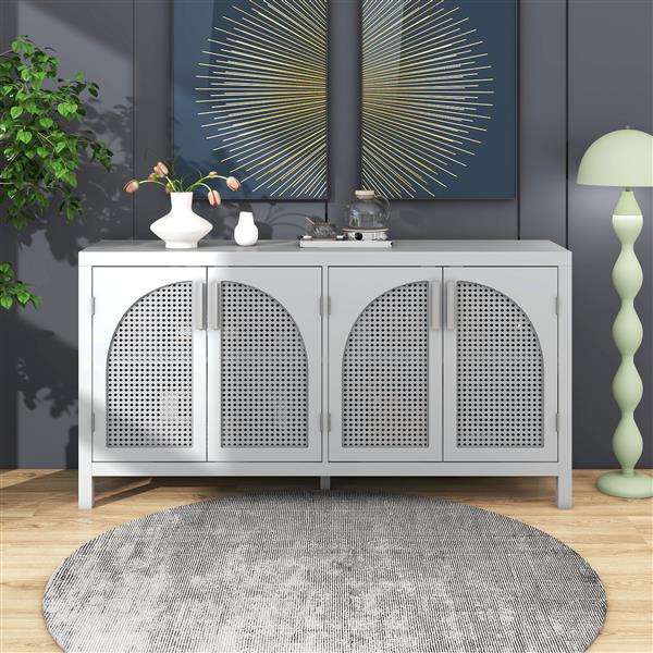 Large Storage Space Sideboard with Artificial Rattan Door and Metal Handles for Living Room and Entryway (Gray)