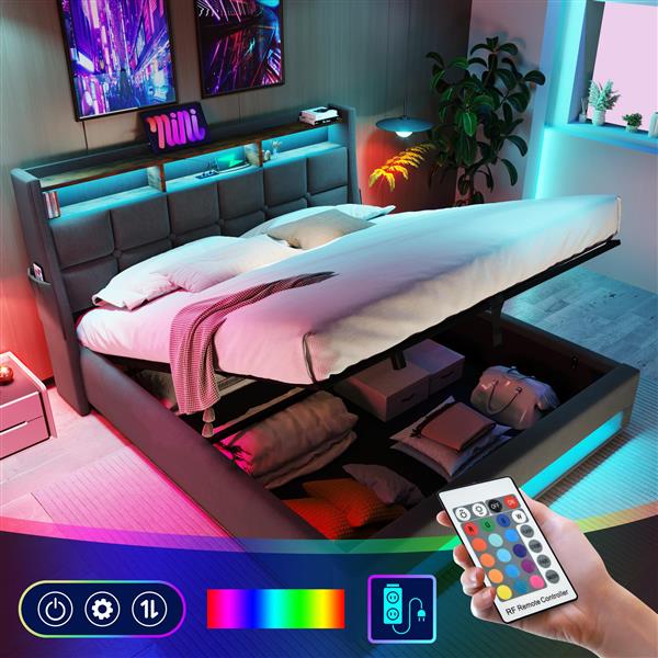 Full size Upholstered Platform bed with a Hydraulic Storage System, LED and USB Charging, Grey (without mattress)