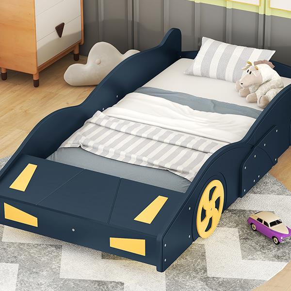 Twin Size Race Car-Shaped Platform Bed with Wheels and Storage, Dark Blue+Yellow