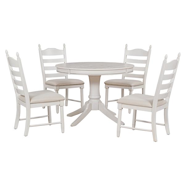 5-Piece Retro Functional Dining Table Set Wood Round Extendable Dining Table and 4 Upholstered Dining Chairs (Antique White)