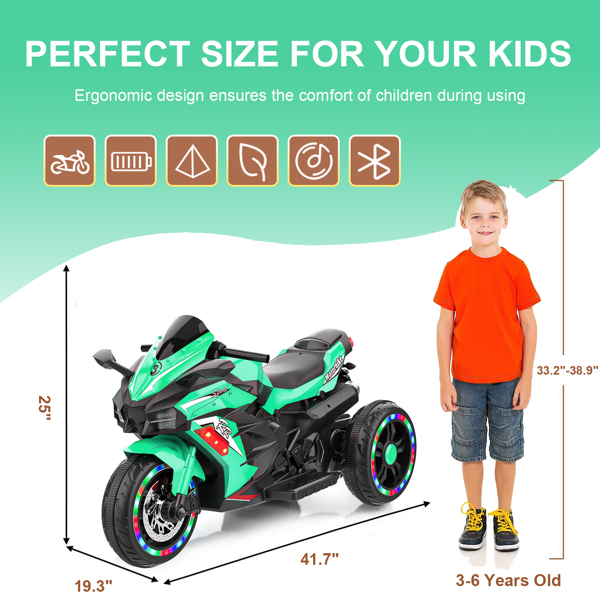 Electric Motorcycle for Kids, 12V Battery Powered Ride on Toys 3 Wheels Motorcycle with LED Lights, Bluetooth Music, Green (No shipping on weekends) (Temu, Walmart Amazon prohibited)